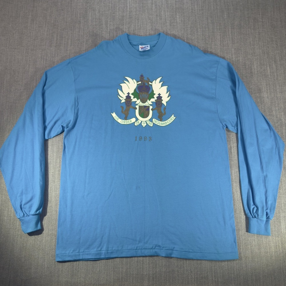 Vintage Hanes Shirt Mens XL Blue Order Troubadours Crest 1993 Mardi Gras USA